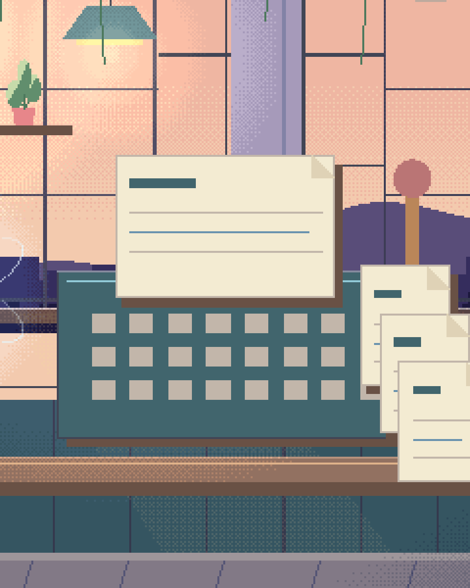 Pixel illustration for Regulatory & Grant Dossiers: a small printing press producing a family of different page layouts.