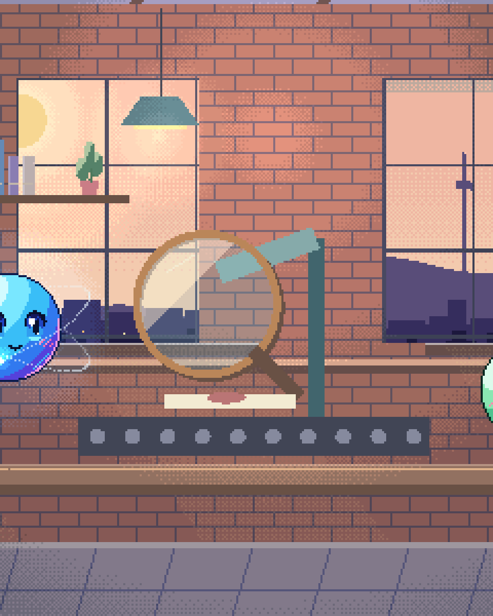Pixel illustration for Quality Inspection: a lit inspection lens examining one item on a production belt.