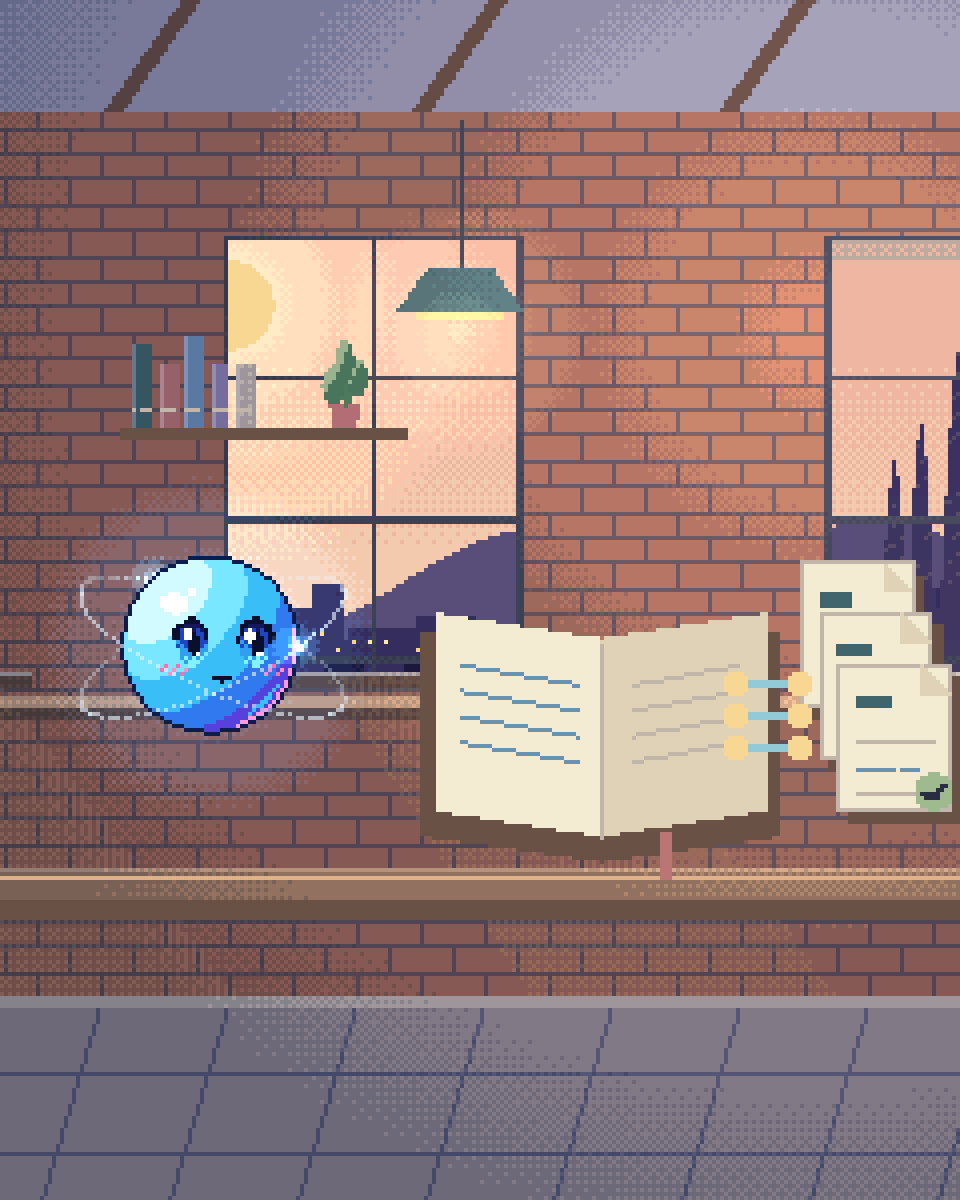 Pixel illustration for Shipping Emissions Reporting: a ledger linked to source slips and checked records.