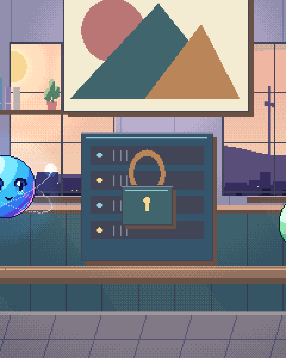 Pixel illustration for Archive Search: a local server cabinet with an ownership key.