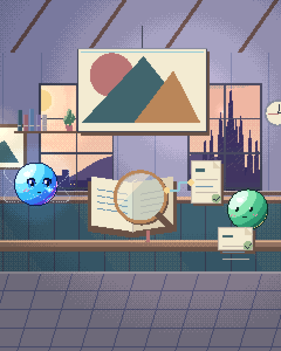Pixel illustration for Content Licensing: an opened contract with a review lens and marked passages.
