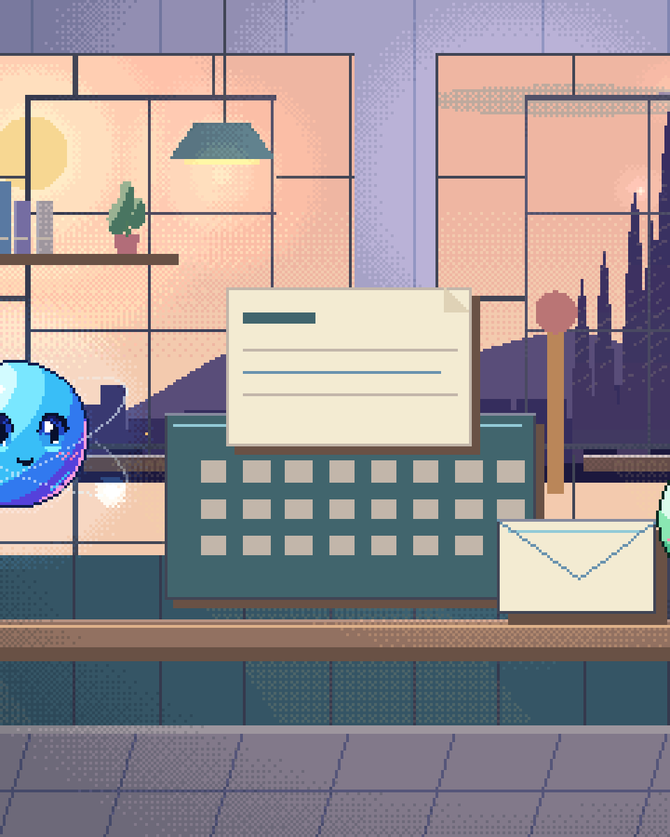 Pixel illustration for Media & Publishing: a newsroom desk with research, a typewriter and an unsent envelope.