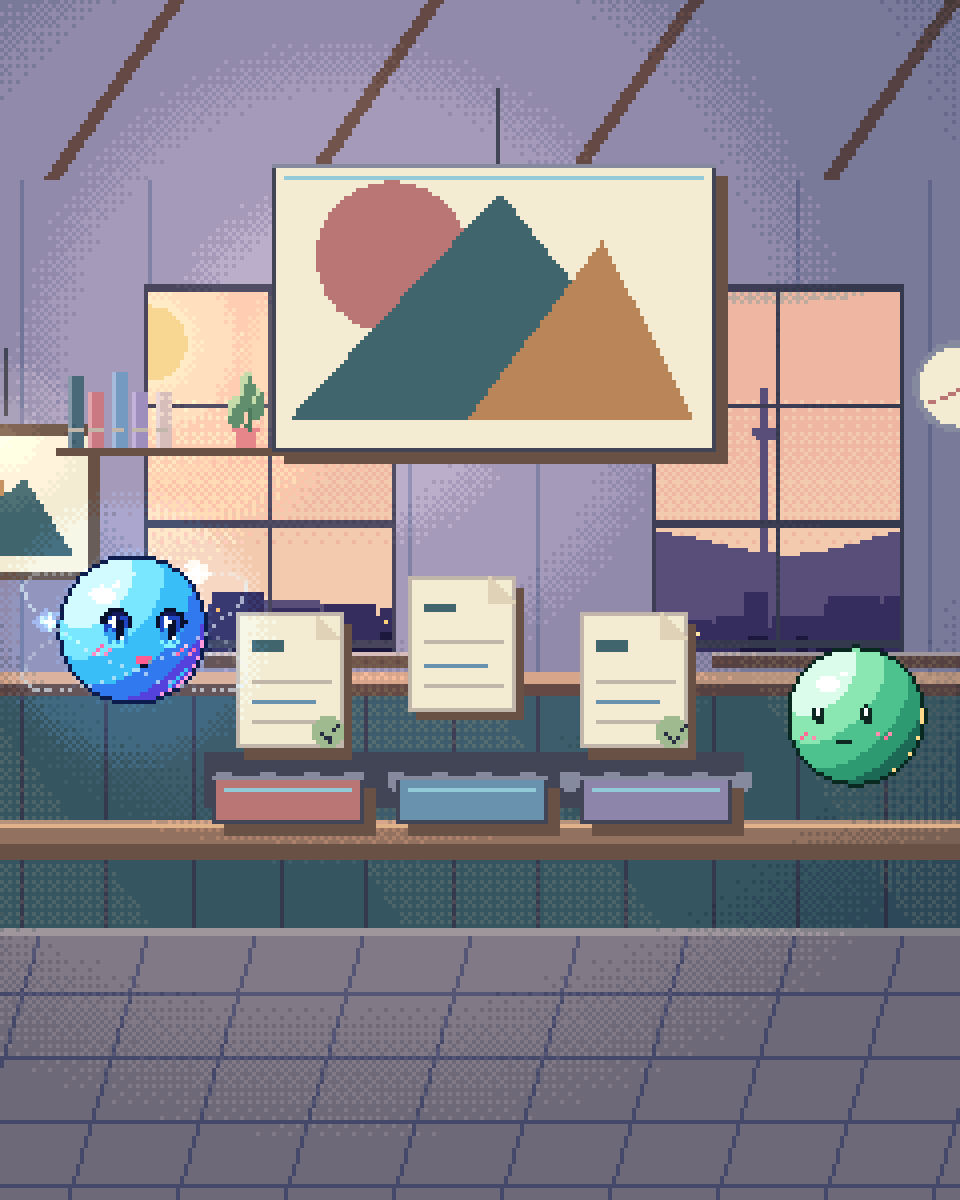 Pixel illustration for Newsroom Agents: request cards organised into distinct handling trays.