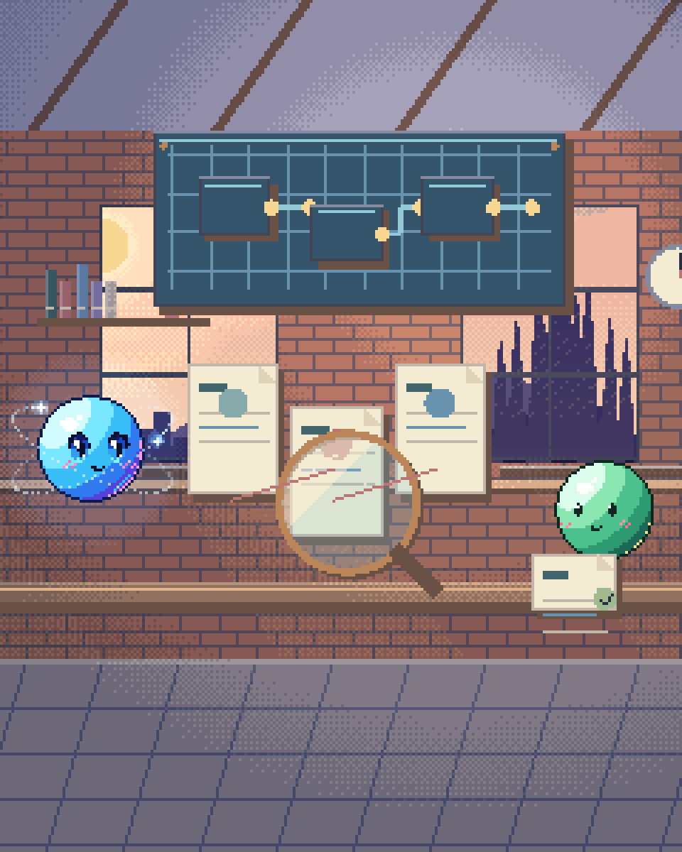 Pixel illustration for Post-Market Surveillance: a magnifying lens over linked evidence cards with one item held for review.