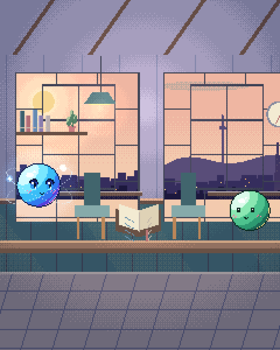 Pixel illustration for Mental Health & Wellbeing: two conversation chairs beside an open notebook and a telephone.