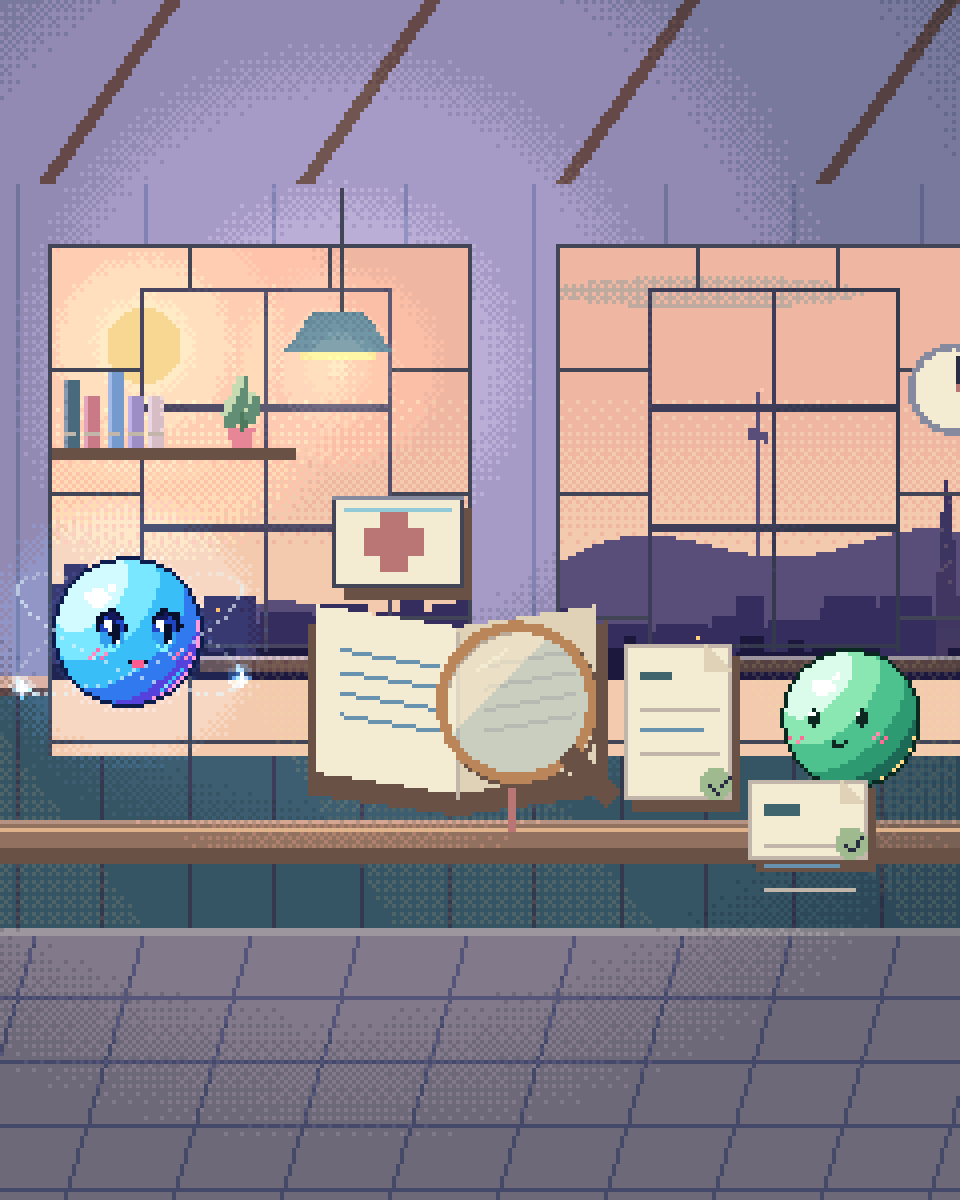 Pixel illustration for Clinician Admin & Notes: a clinical document beside a source lens and a human verification card.
