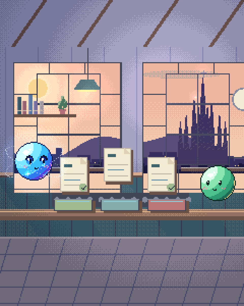 Pixel illustration for Intake & Scheduling: request cards organised into distinct handling trays.