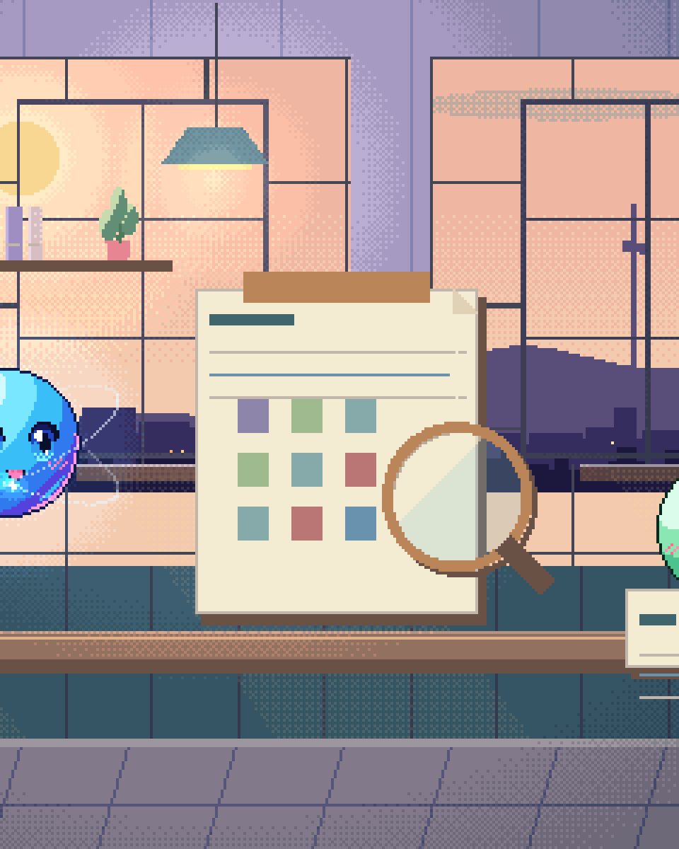 Pixel illustration for Mining & Resources: an assessment clipboard with a lens and sample materials.
