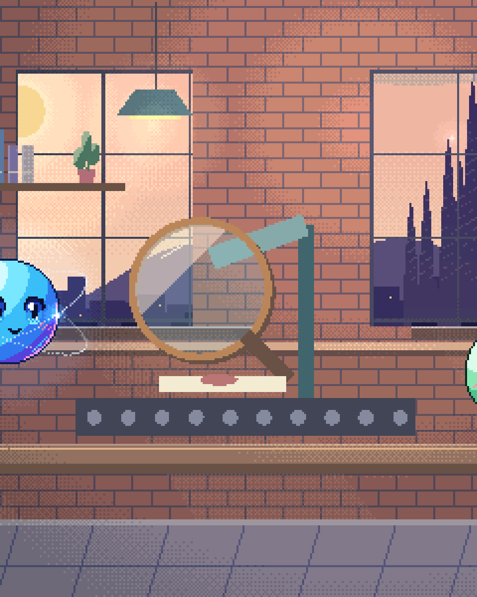 Pixel illustration for Safety Inspection: a lit inspection lens examining one item on a production belt.