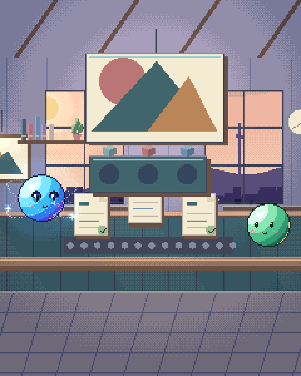 Pixel illustration for Collection Cataloguing: irregular shapes fitting a checked output template.