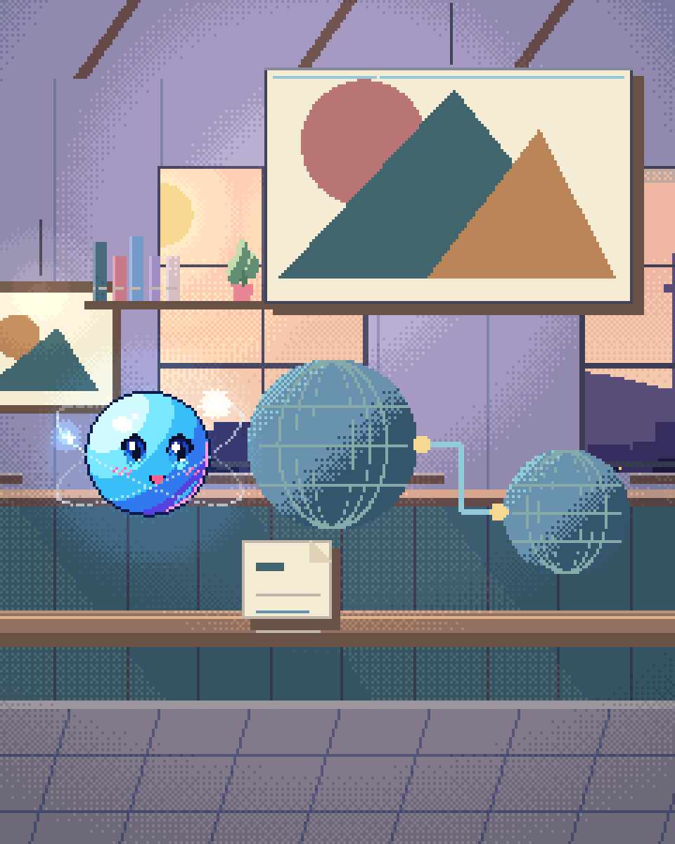 Pixel illustration for Multilingual Guides: linked globes and differently shaped document cards.