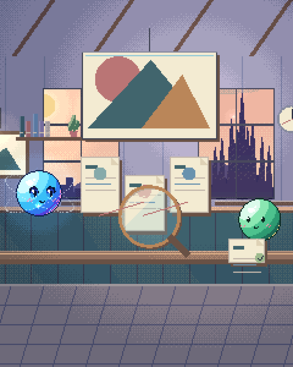 Pixel illustration for Provenance Research: a magnifying lens over linked evidence cards with one item held for review.