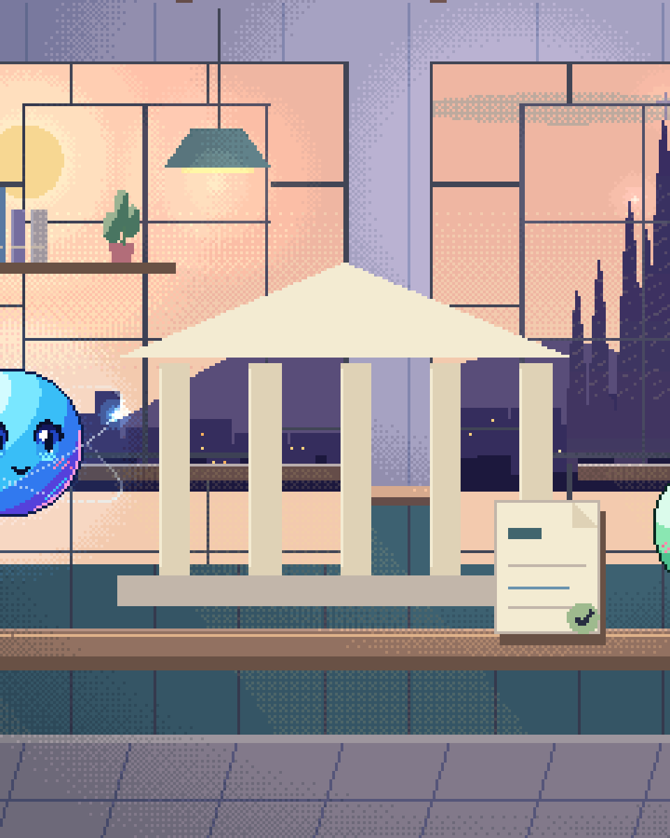 Pixel illustration for Nonprofits & Charities: a civic building beside an accessible document desk.