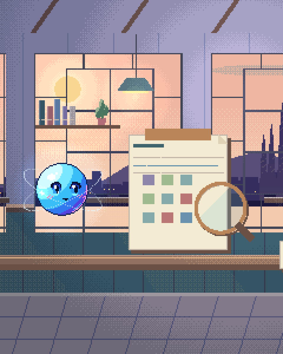 Pixel illustration for Impact Reporting: an assessment clipboard with a lens and sample materials.