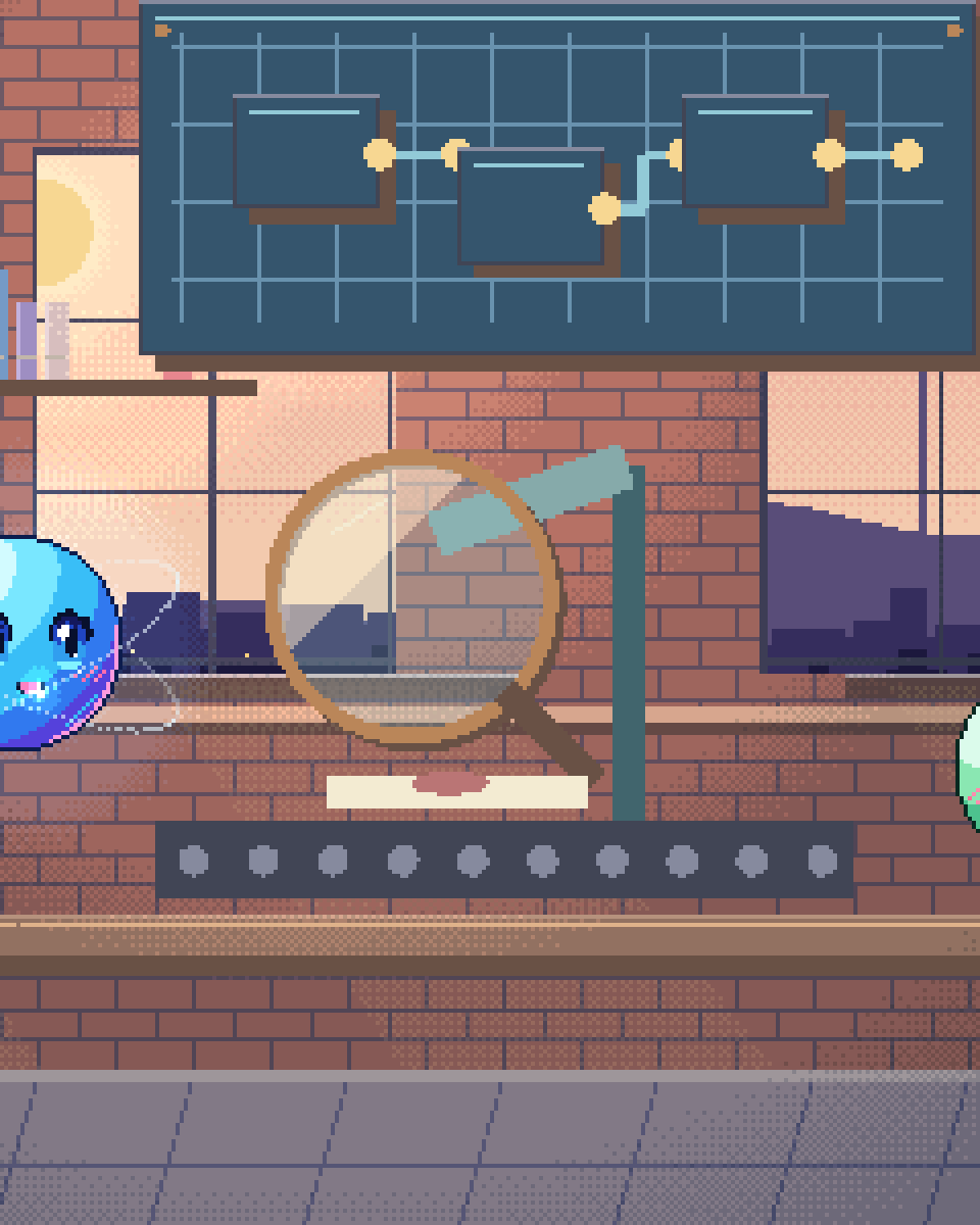 Pixel illustration for Design-for-Manufacture Checks: a lit inspection lens examining one item on a production belt.