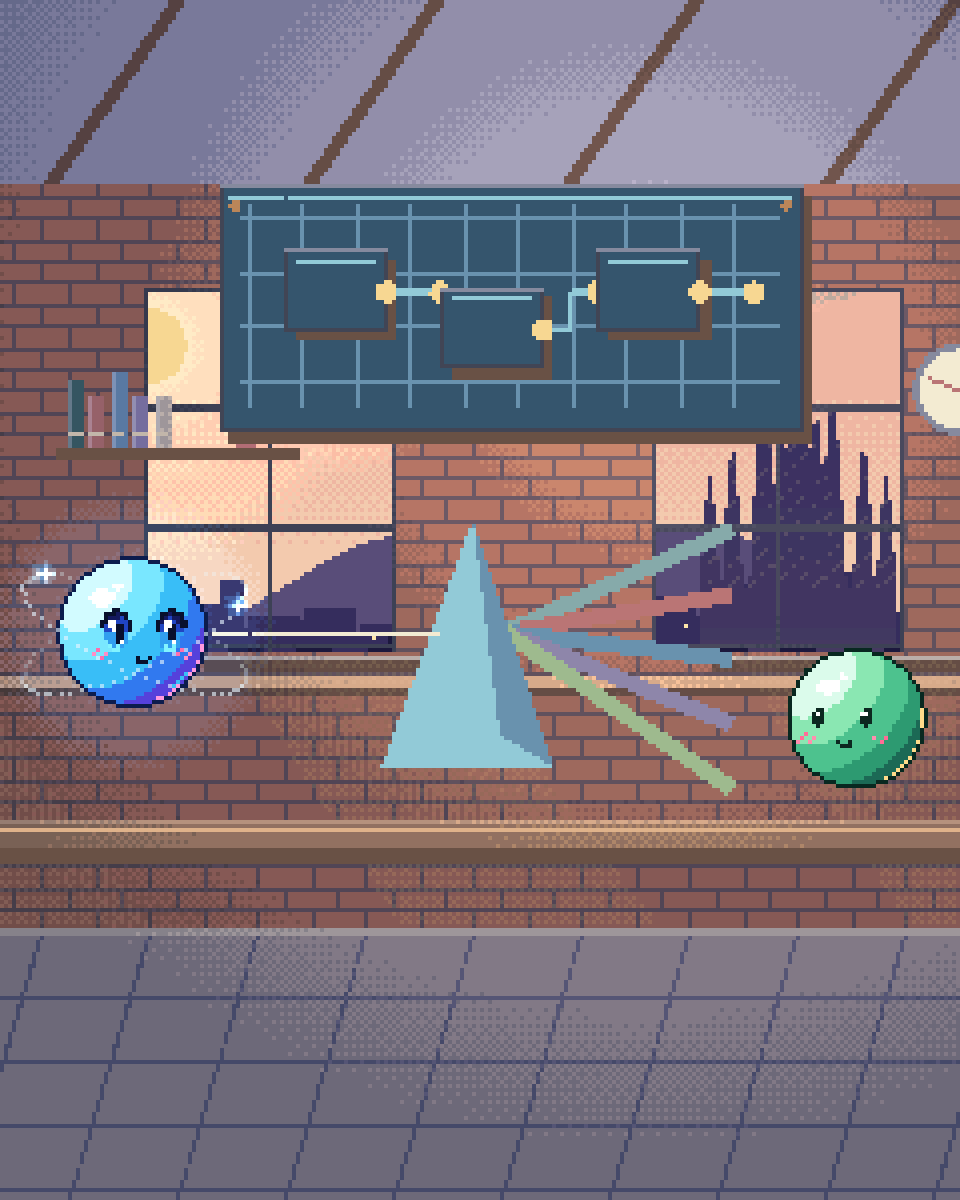 Pixel illustration for Generative Concepting: a glass prism casting a palette onto geometric identity tiles.