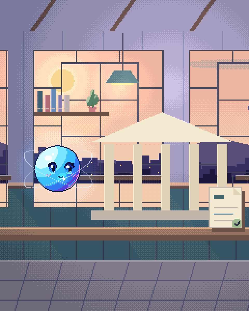Pixel illustration for Public Sector: a civic building beside an accessible document desk.