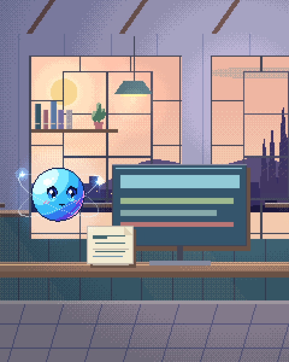 Pixel illustration for Real Estate & PropTech: an architectural drawing beside a small working screen.