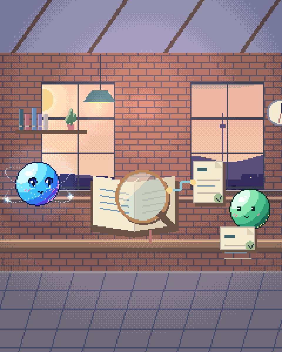 Pixel illustration for Due Diligence & Data Rooms: an opened contract with a review lens and marked passages.