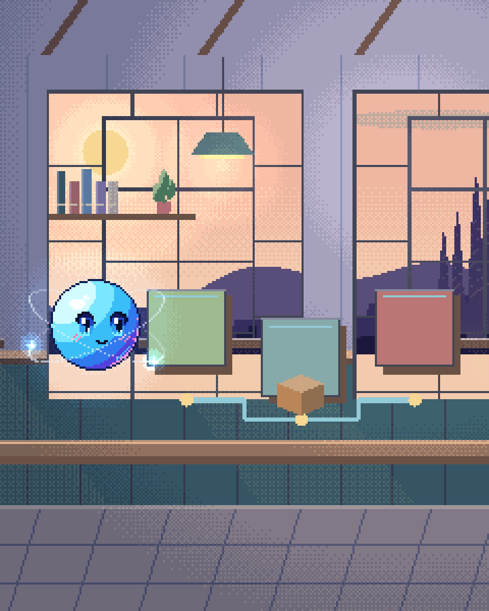 Pixel illustration for Recruitment & Staffing: several connected work stations with different tools.