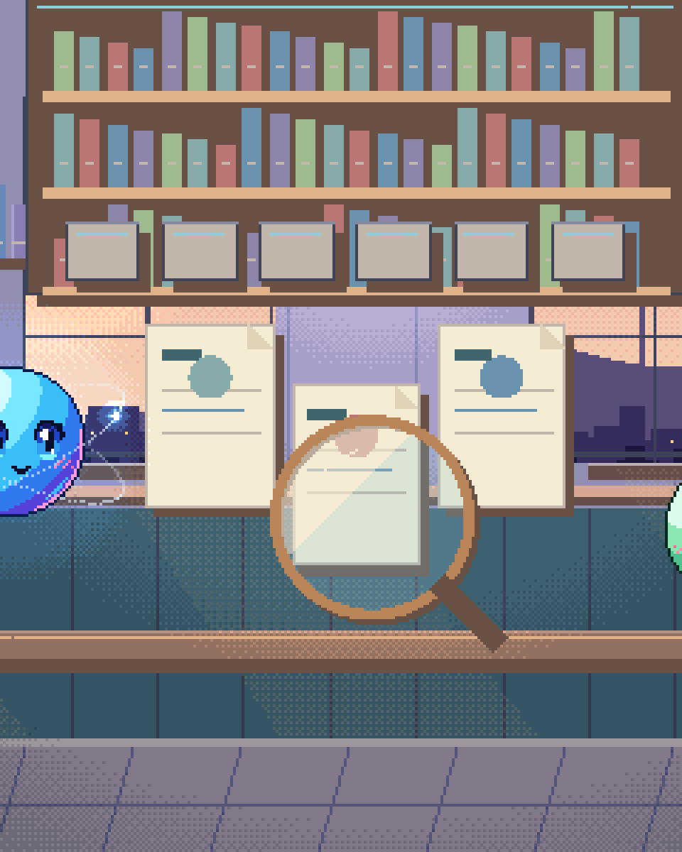 Pixel illustration for Candidate Outreach: an account book, a research lens and an envelope held for review.