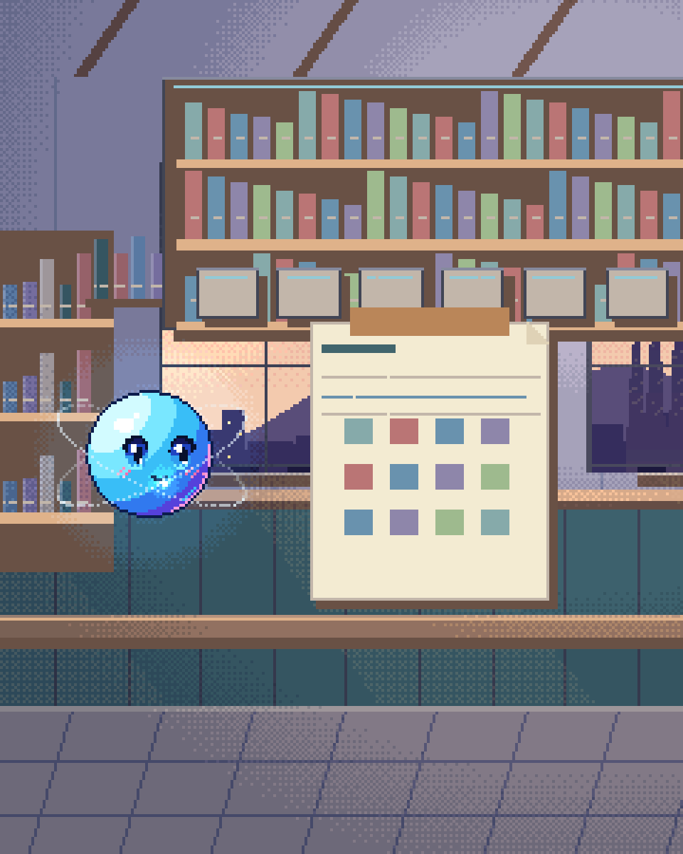 Pixel illustration for Interview Scheduling: an appointment calendar beside a telephone and access cards.