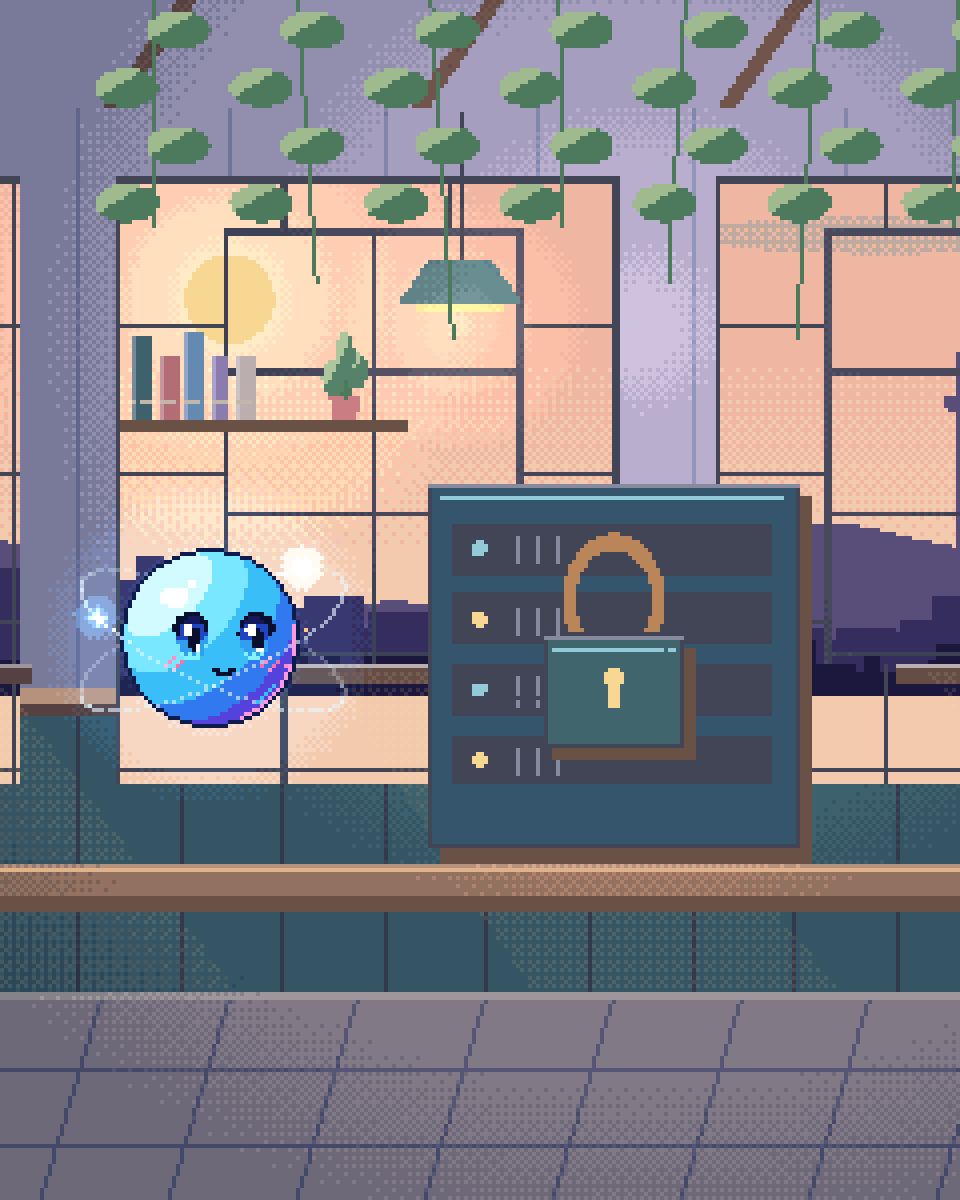 Pixel illustration for Research Data Management: a local server cabinet with an ownership key.