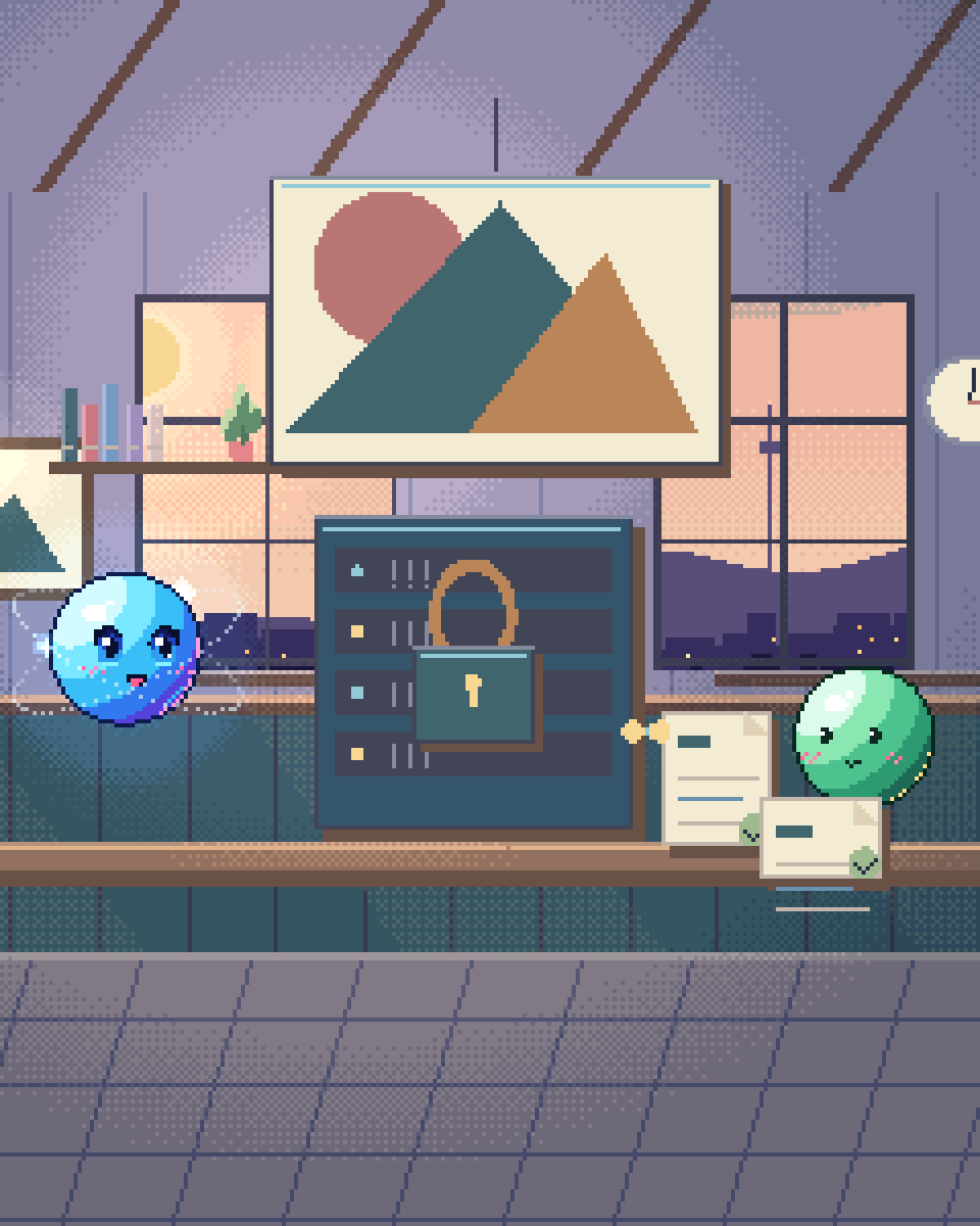 Pixel illustration for Food Safety Records: an evidence cabinet beside a human review station.