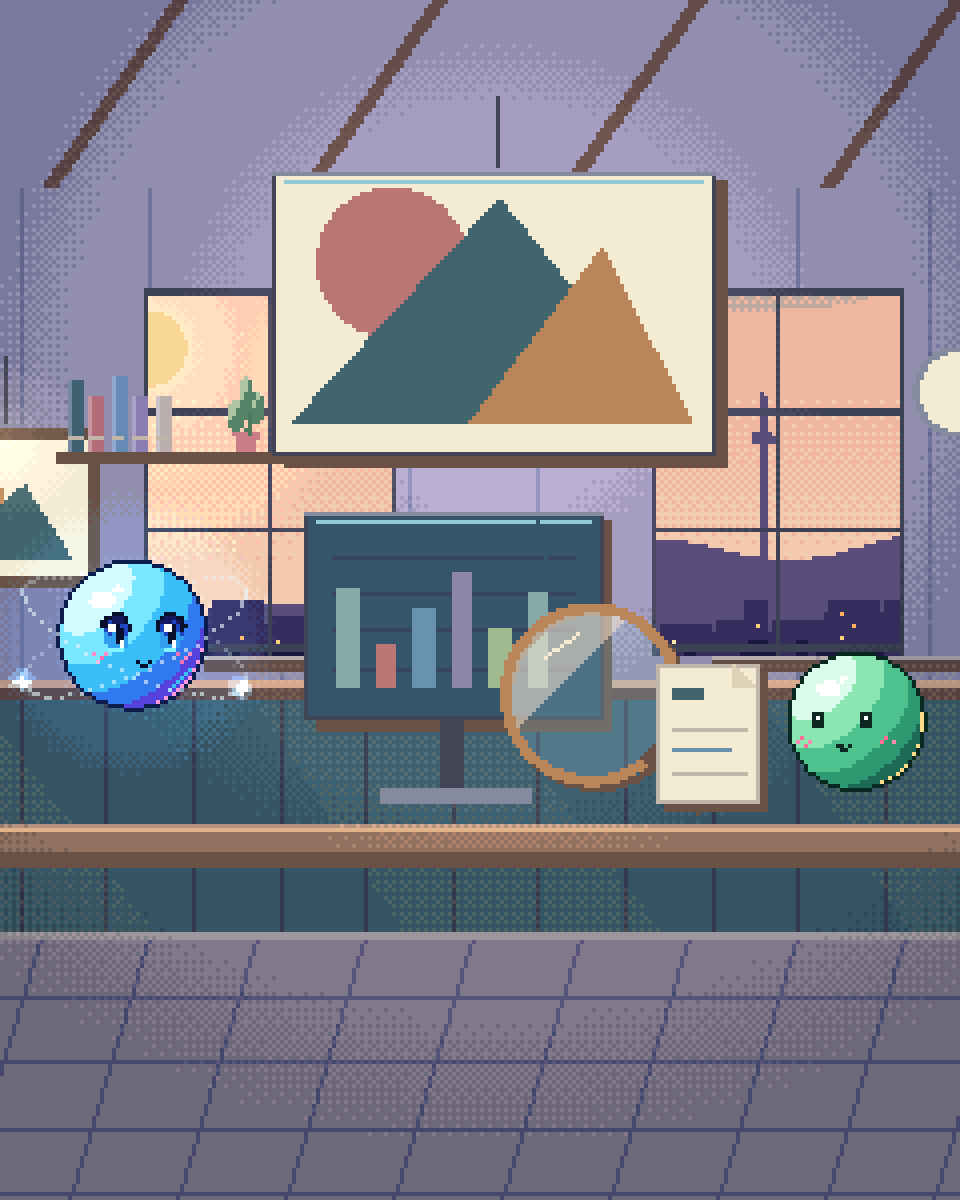 Pixel illustration for Menu Engineering: a desk of charts inspected with a brass lens.