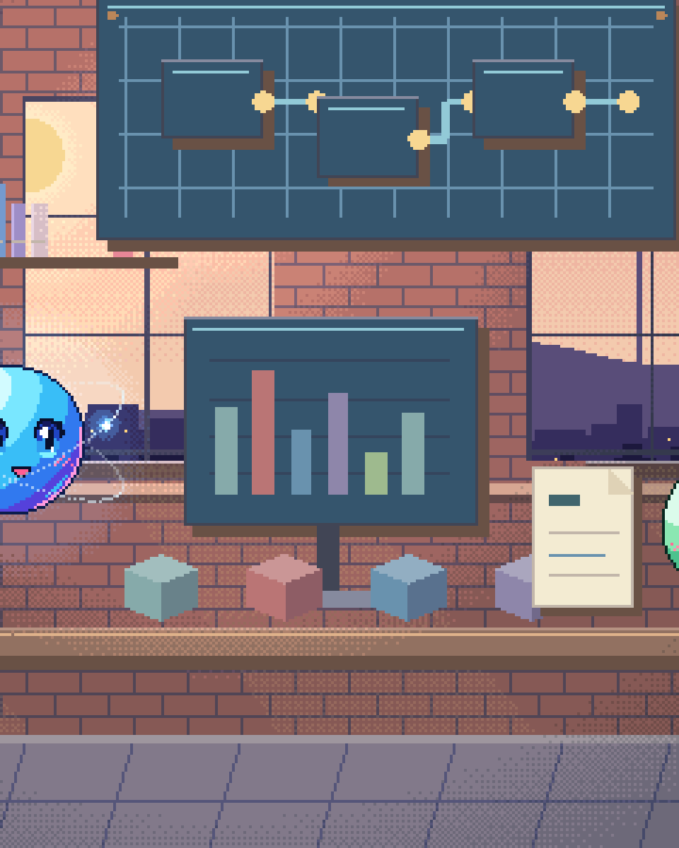 Pixel illustration for Churn & Expansion: groups of product tiles inspected across a timeline.