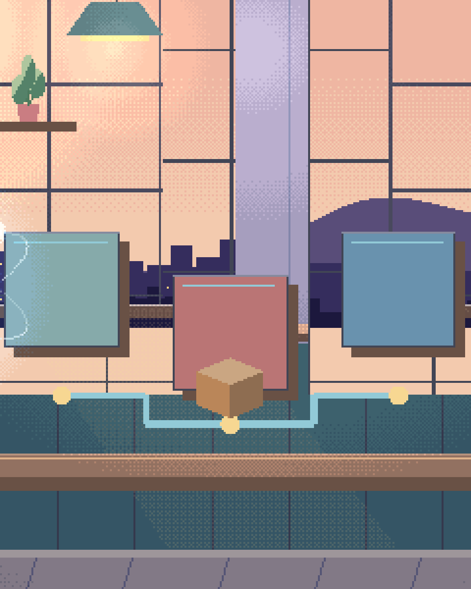 Pixel illustration for Sports & Fitness: several connected work stations with different tools.