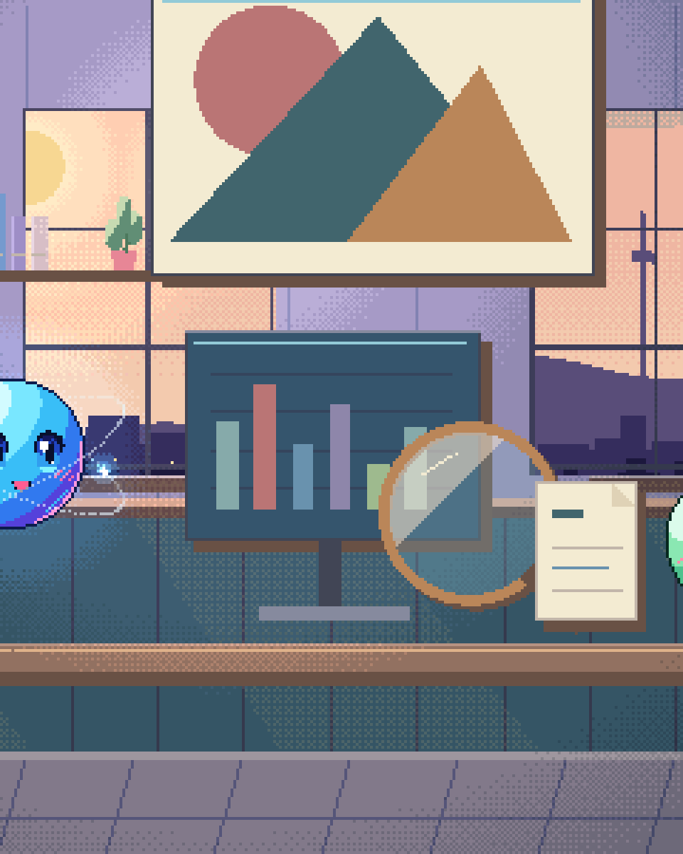 Pixel illustration for Performance Analytics: a desk of charts inspected with a brass lens.