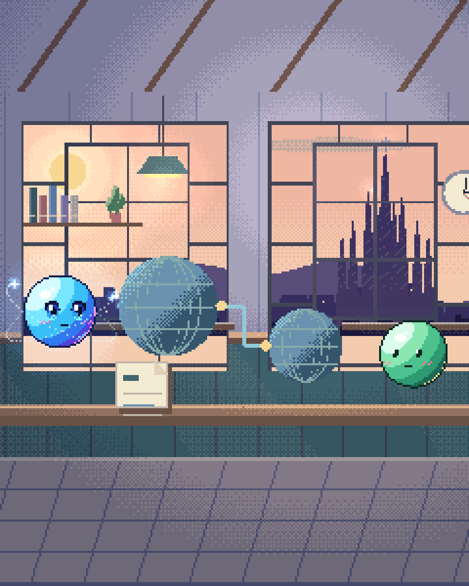 Pixel illustration for Translation & Localisation: linked globes and differently shaped document cards.