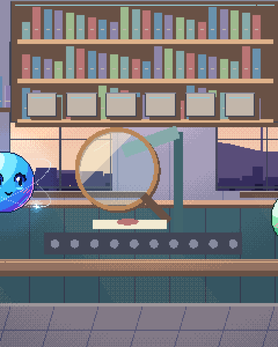 Pixel illustration for Translation QA: a lit inspection lens examining one item on a production belt.
