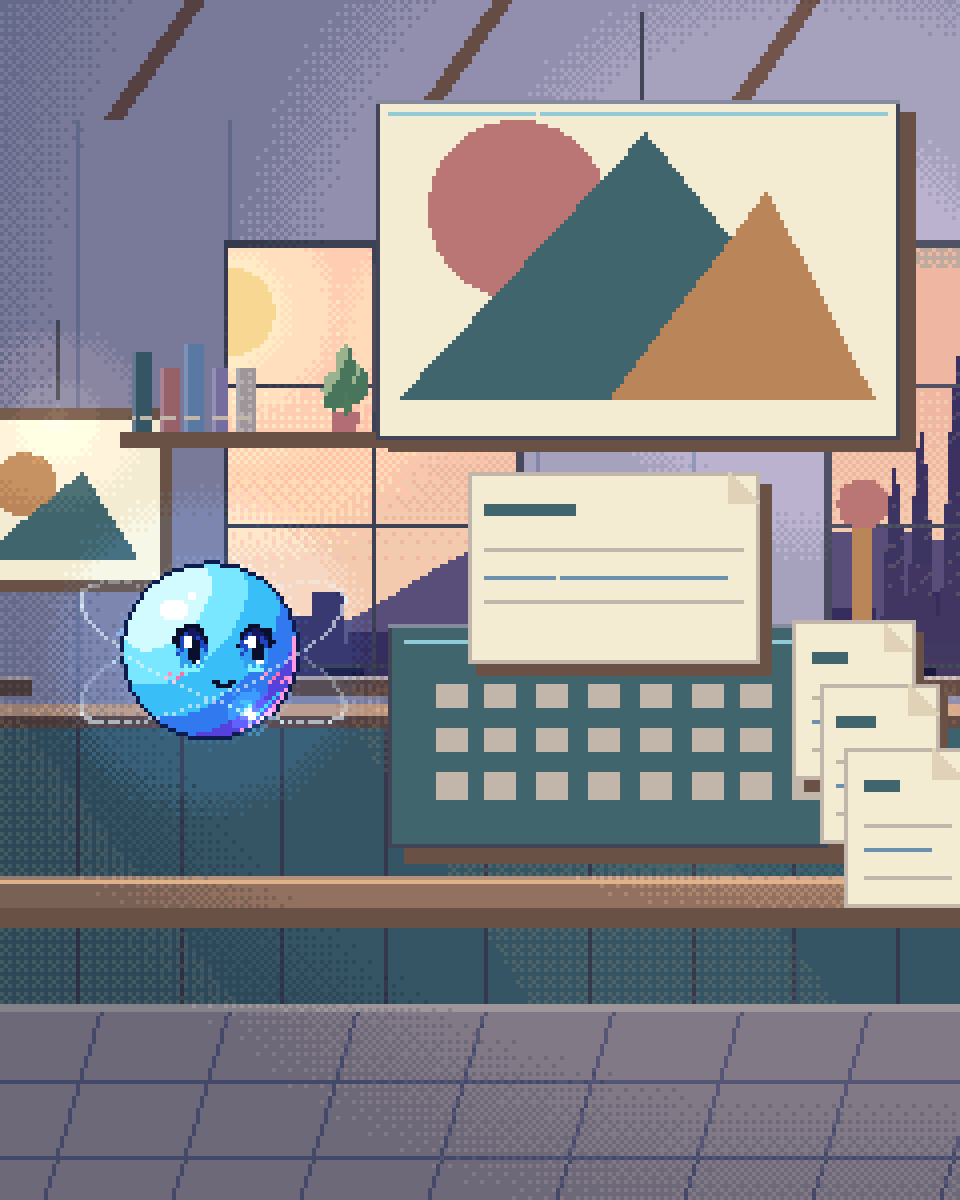 Pixel illustration for Destination Marketing: a small printing press producing a family of different page layouts.