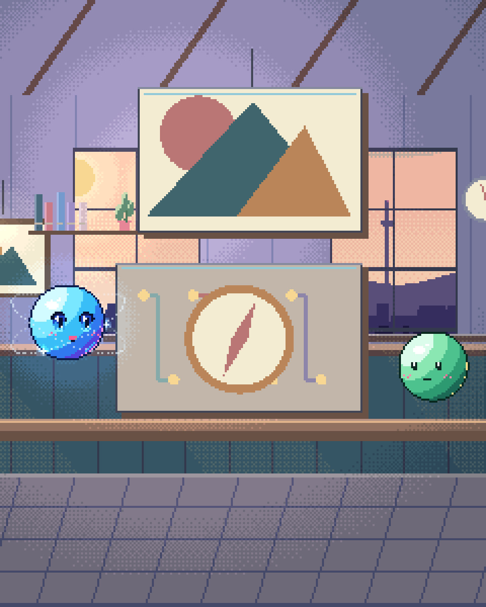 Pixel illustration for Itinerary Agents: a compass guiding a small prototype across a worktable.