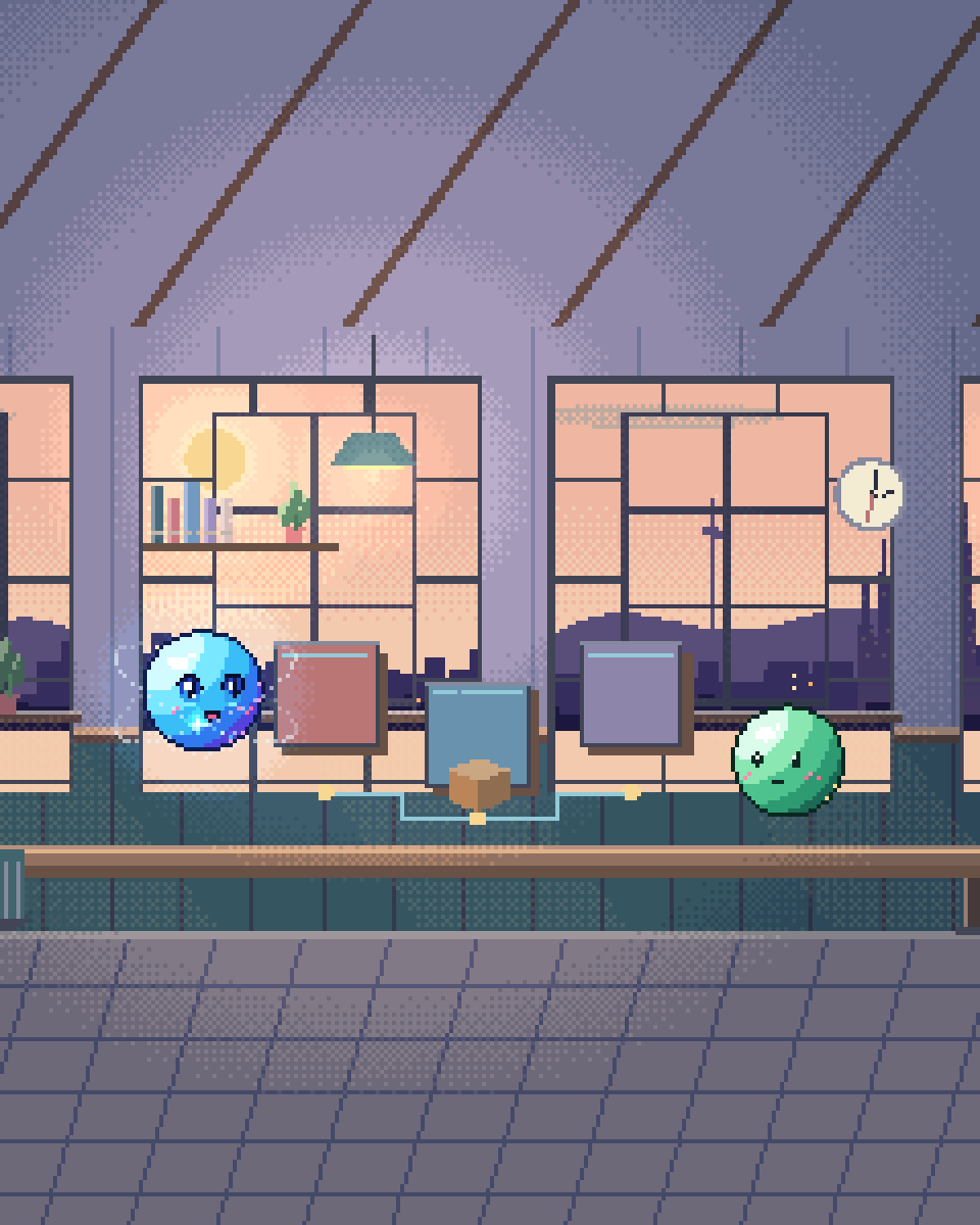 Pixel illustration for Veterinary Practices: several connected work stations with different tools.