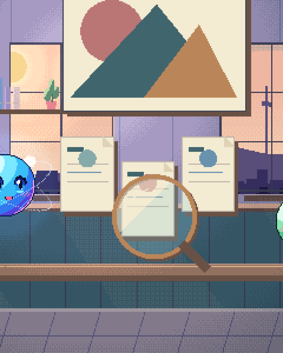 Pixel illustration for Direct-to-Consumer Marketing: an account book, a research lens and an envelope held for review.