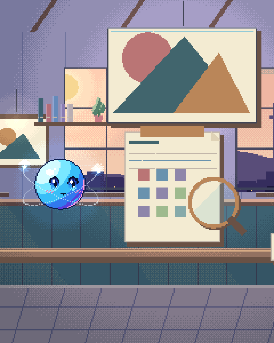 Pixel illustration for Vineyard Vision: an assessment clipboard with a lens and sample materials.