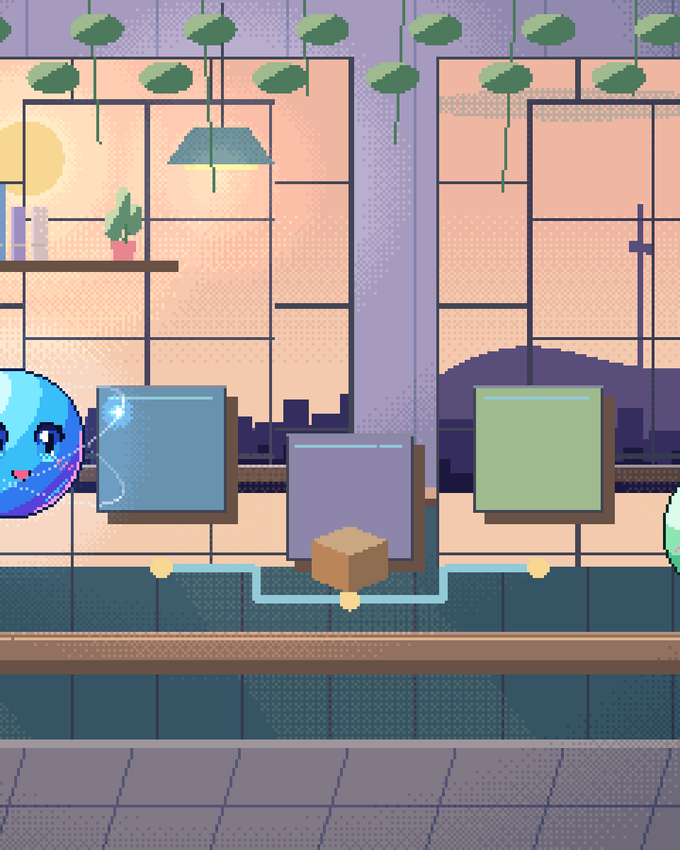 Pixel illustration for Fractional AI Team: several connected work stations with different tools.