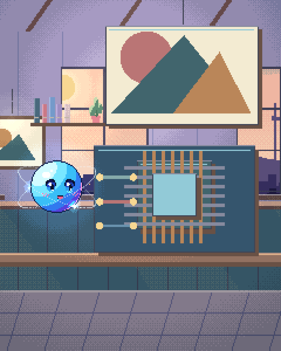 Pixel illustration for Grok: a compact processing mechanism with parallel tracks.