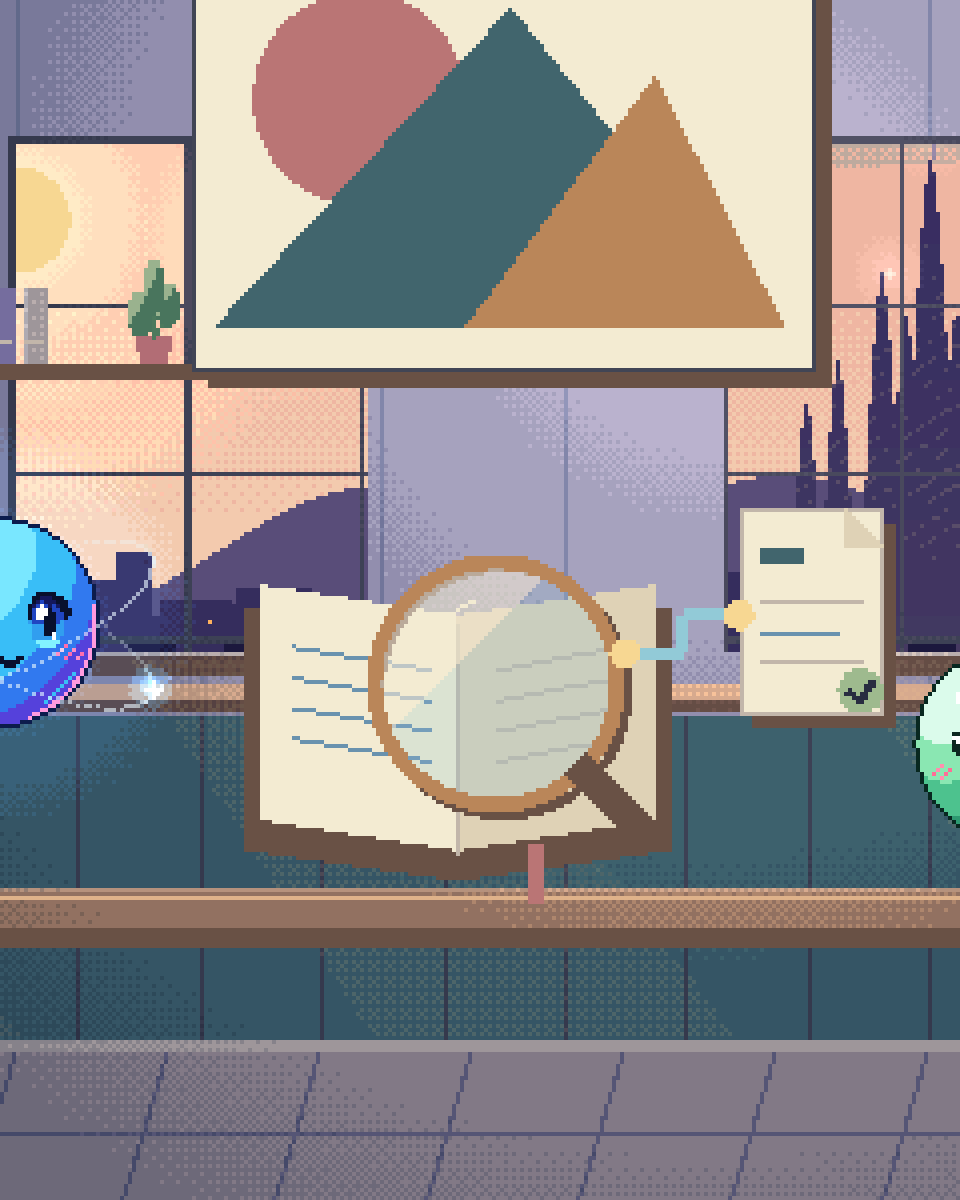 Pixel illustration for Kimi by Moonshot AI: an open source book connected to a magnifying lens and an answer card.