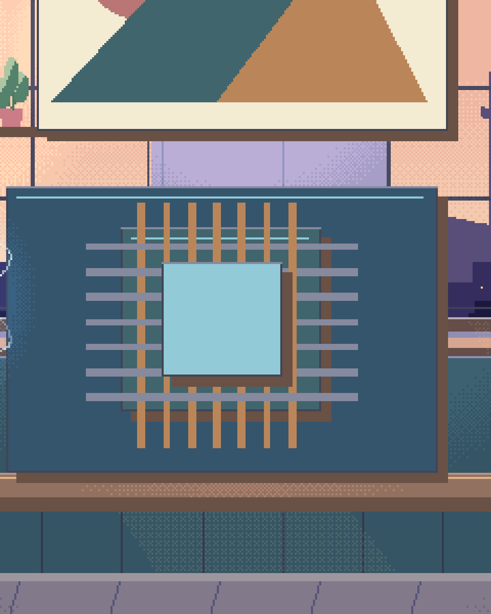 Pixel illustration for MiniMax: a processing chip with cooling fins and modular memory blocks.