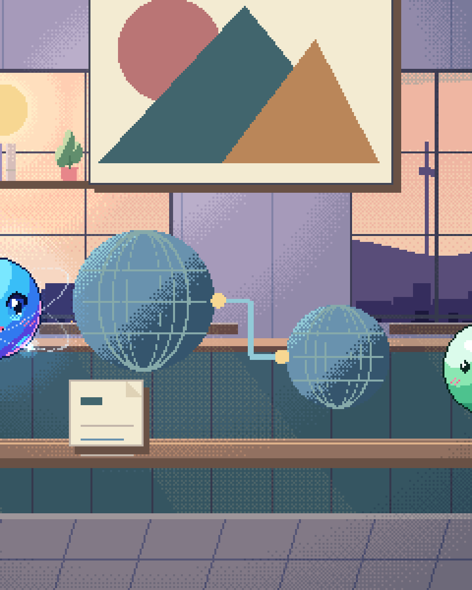 Pixel illustration for Qwen for Multilingual Work: linked globes and differently shaped document cards.