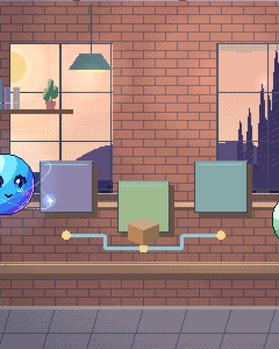 Pixel illustration for Multi-Agent Systems: several connected work stations with different tools.