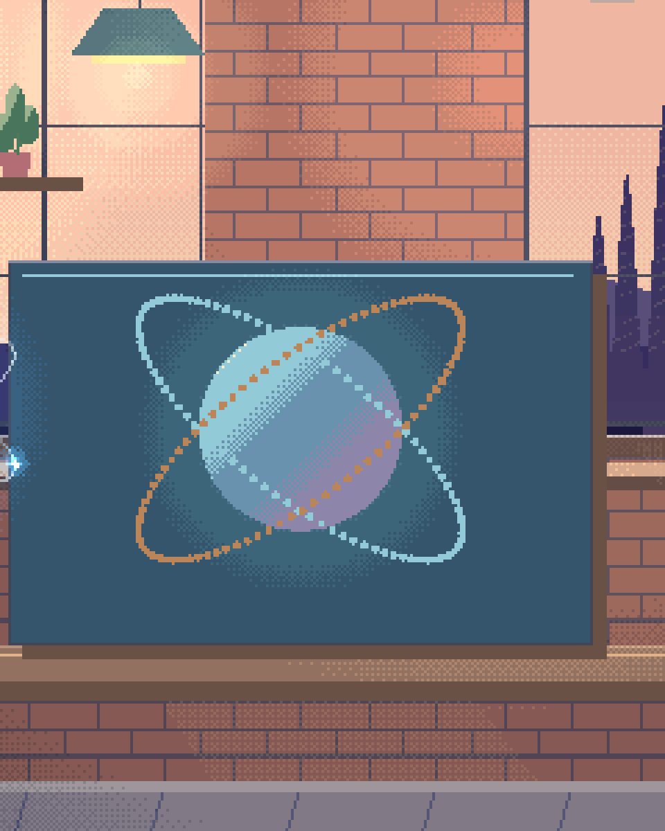 Pixel illustration for Quantum Computing: a suspended quantum sphere surrounded by orbital rings.