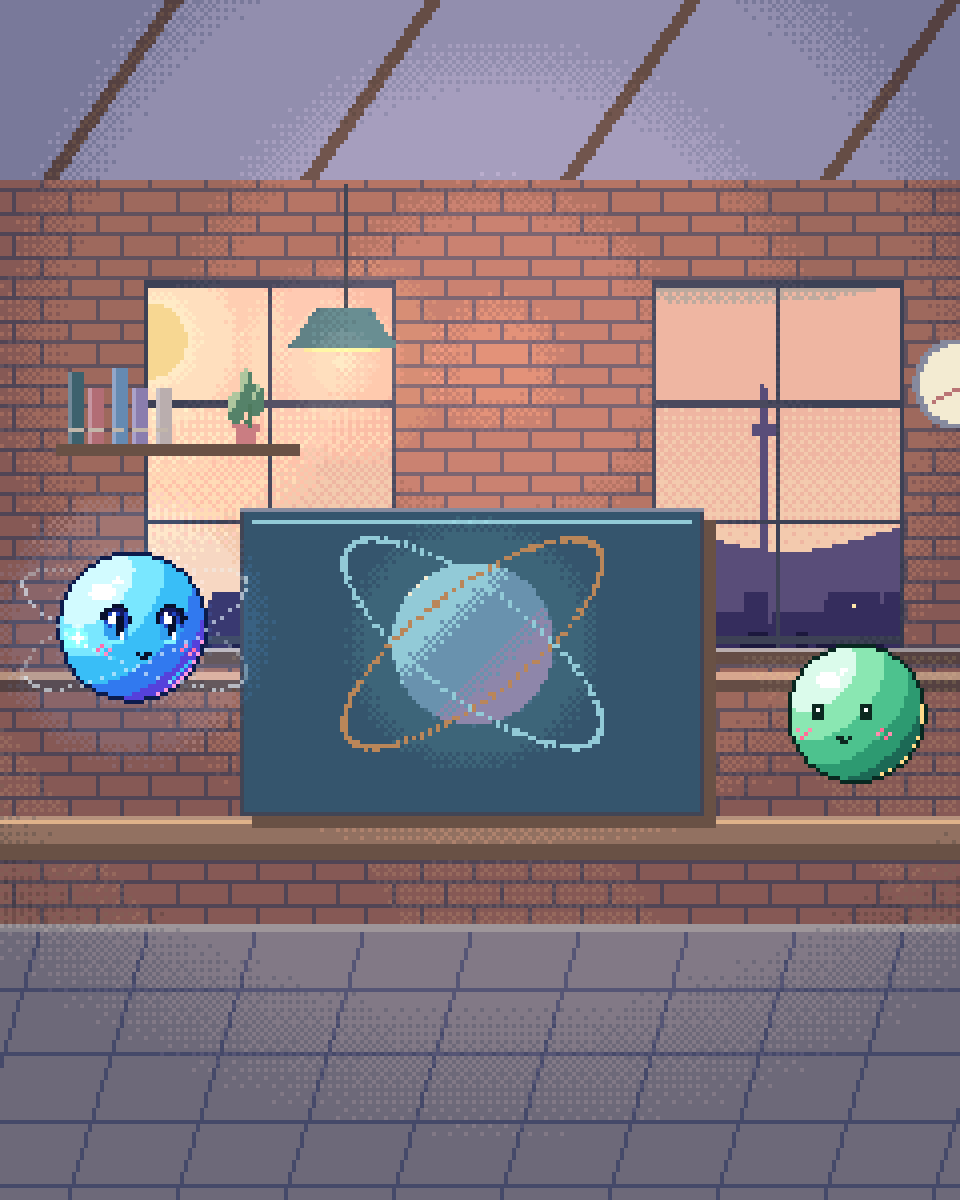 Pixel illustration for How Quantum Computing Works: a suspended quantum sphere surrounded by orbital rings.