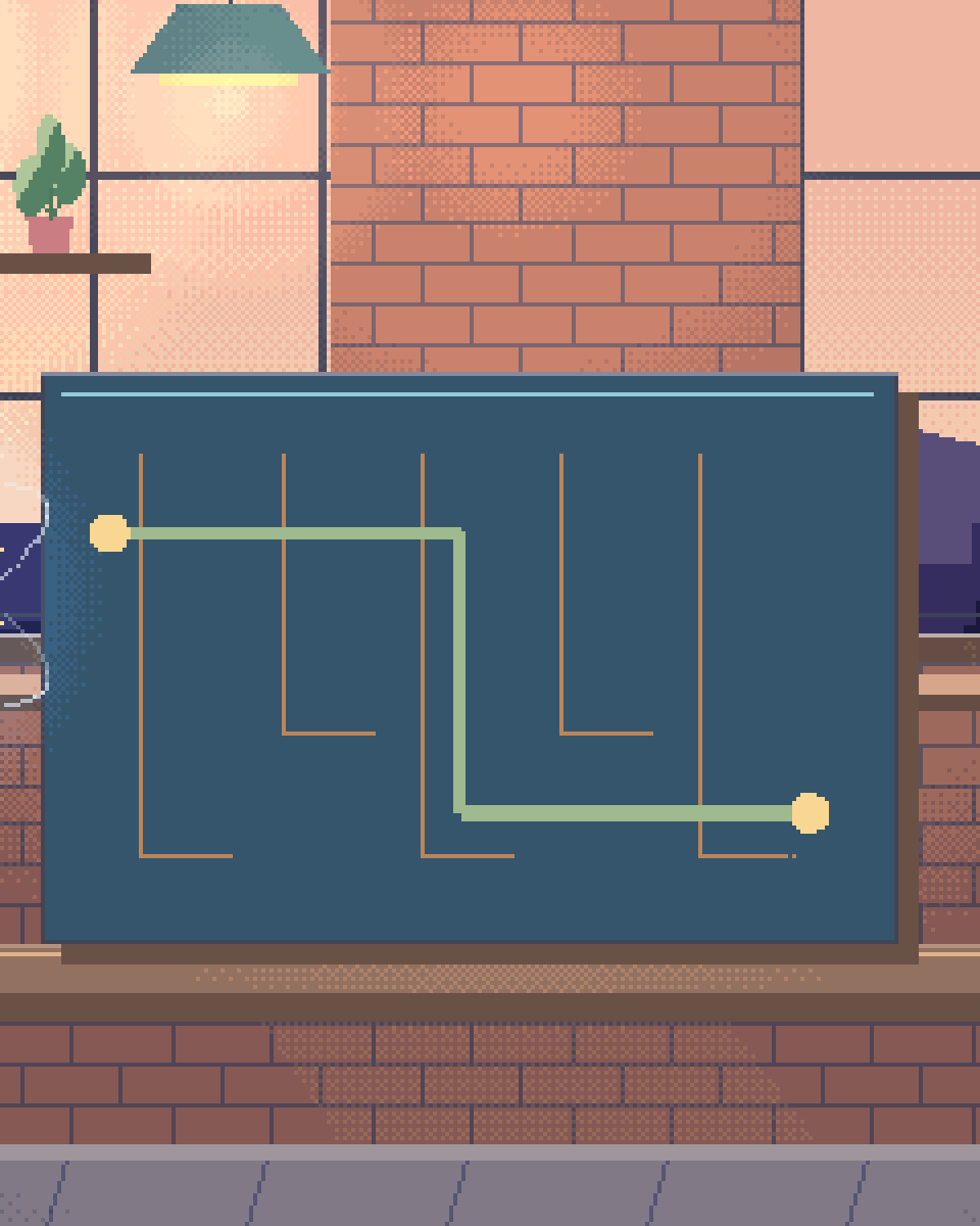 Pixel illustration for Quantum Optimisation: a brass path through a miniature optimisation maze.