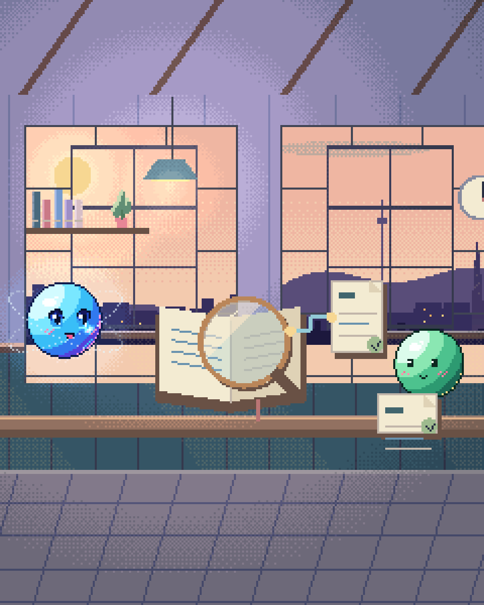 Pixel illustration for Terms of Service: an opened contract with a review lens and marked passages.