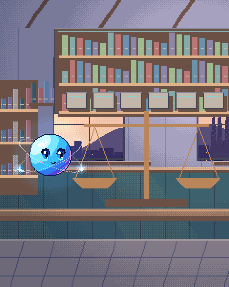 Pixel illustration for The EU AI Act: a brass balance beside reference books and evidence cards.